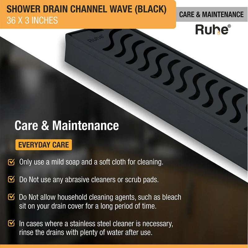 Wave Shower Drain Channel (36 x 3 Inches) Black PVD Coated - by Ruhe
