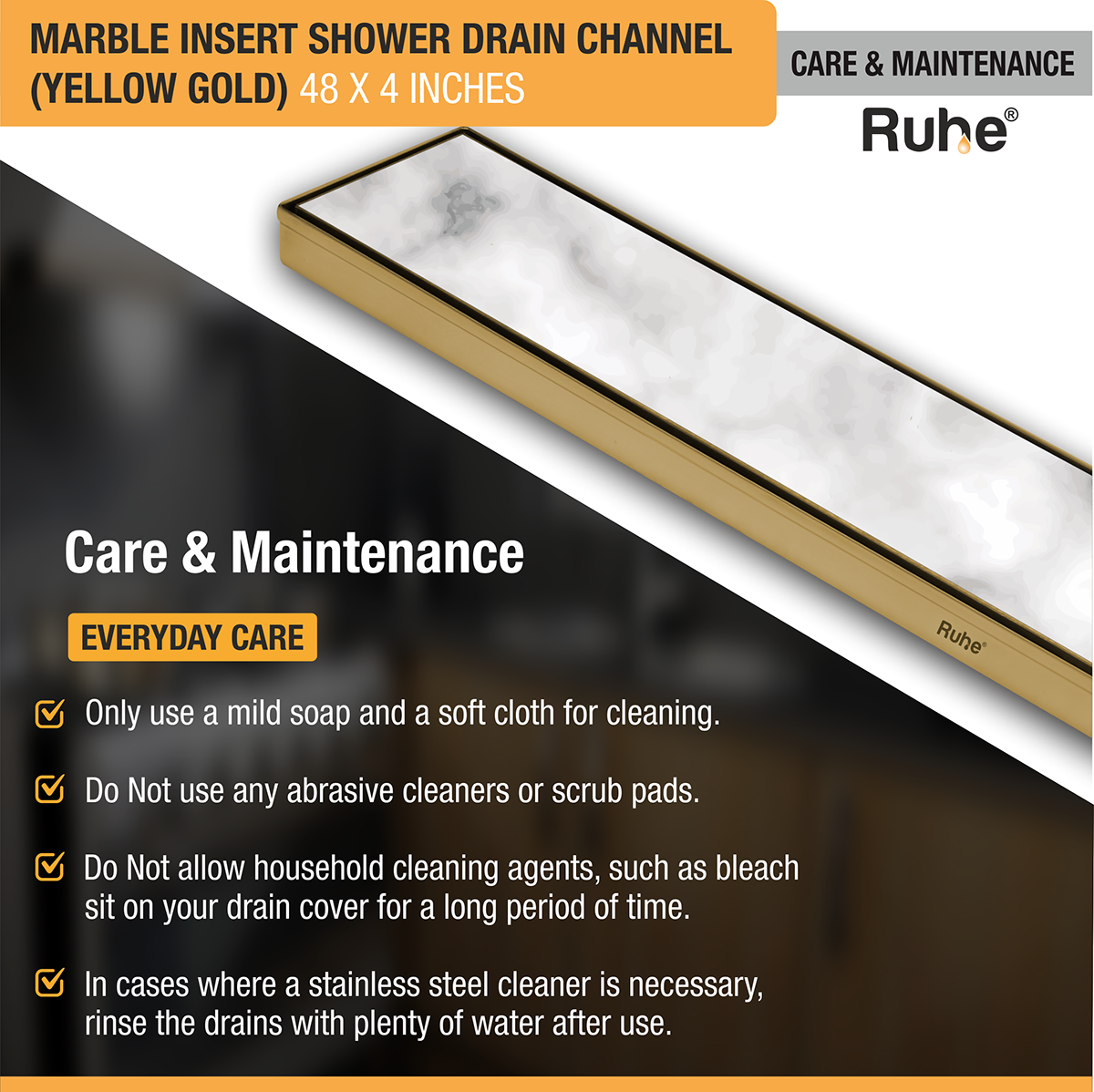 Marble Insert Shower Drain Channel (48 x 4 Inches) YELLOW GOLD PVD Coated - by Ruhe®