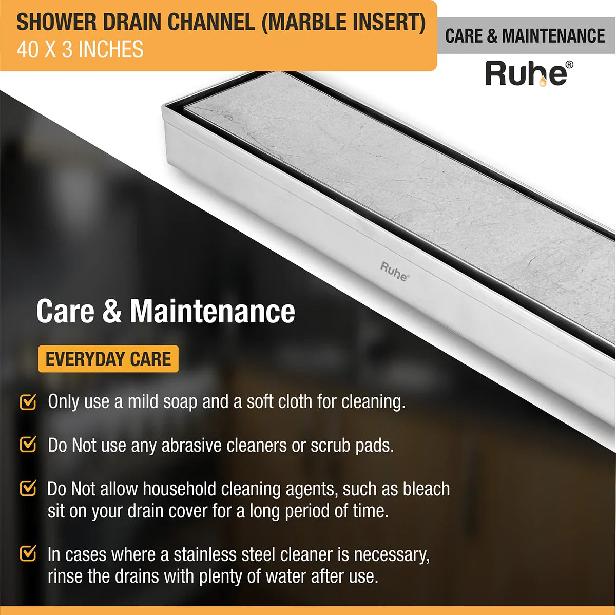 Marble-Insert Shower Drain Channel (3 Inches)