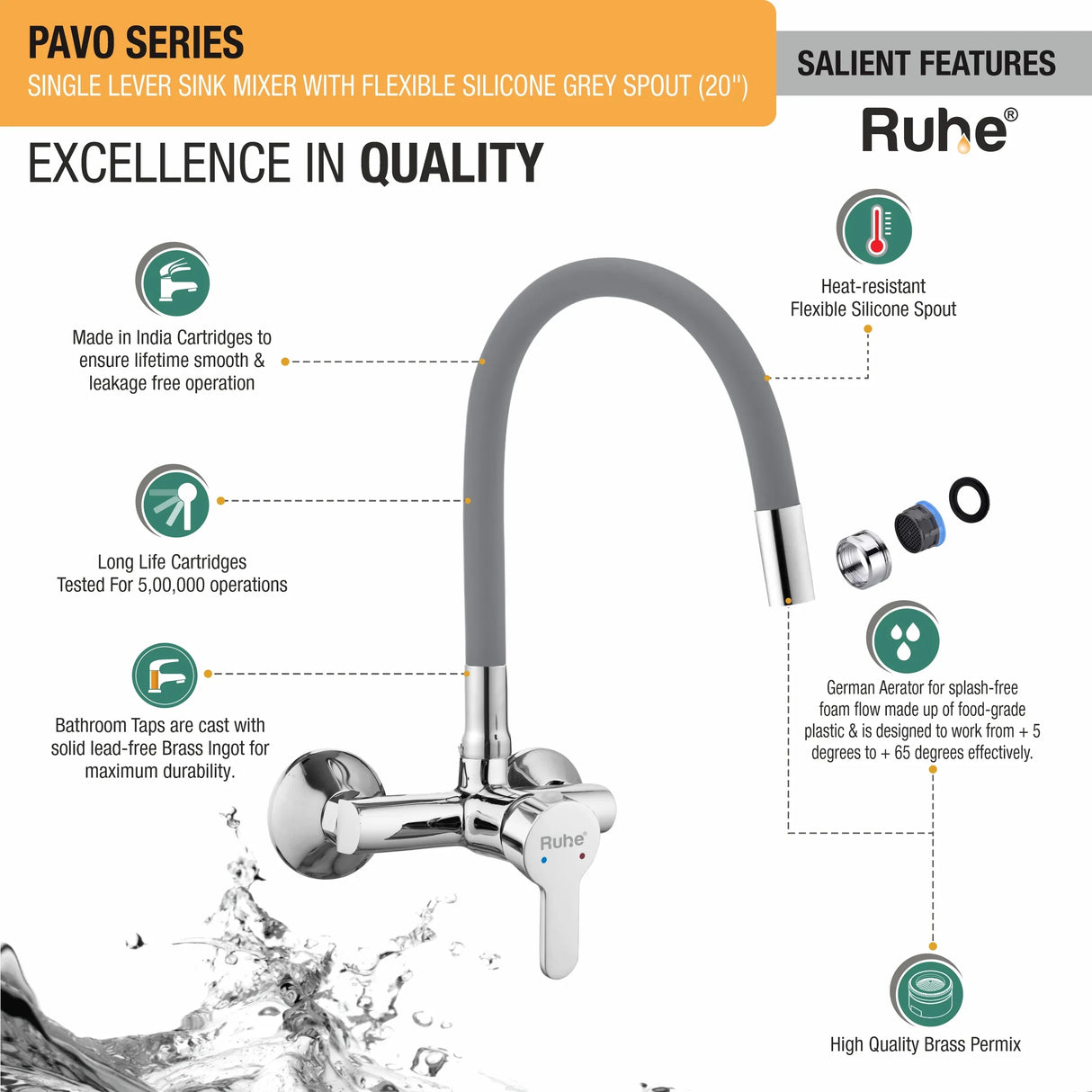 Pavo Single Lever Wall-mount Kitchen Sink Mixer Tap with Coloured Silicone Spout