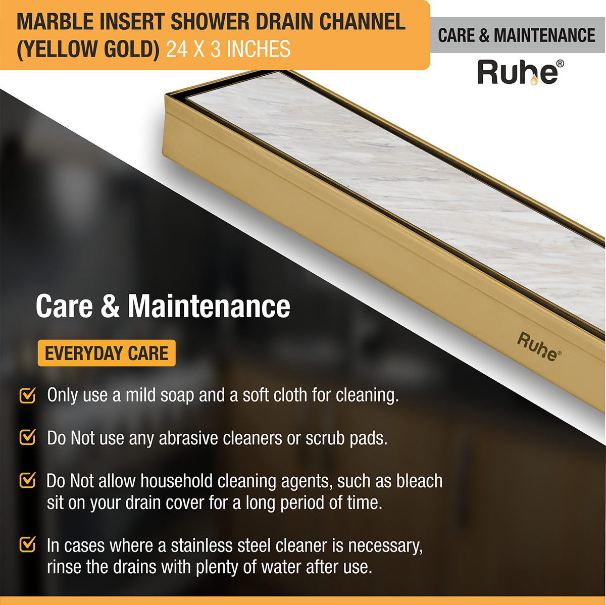 Marble Insert Shower Drain Channel (24 x 3 Inches) YELLOW GOLD PVD Coated care and maintenance