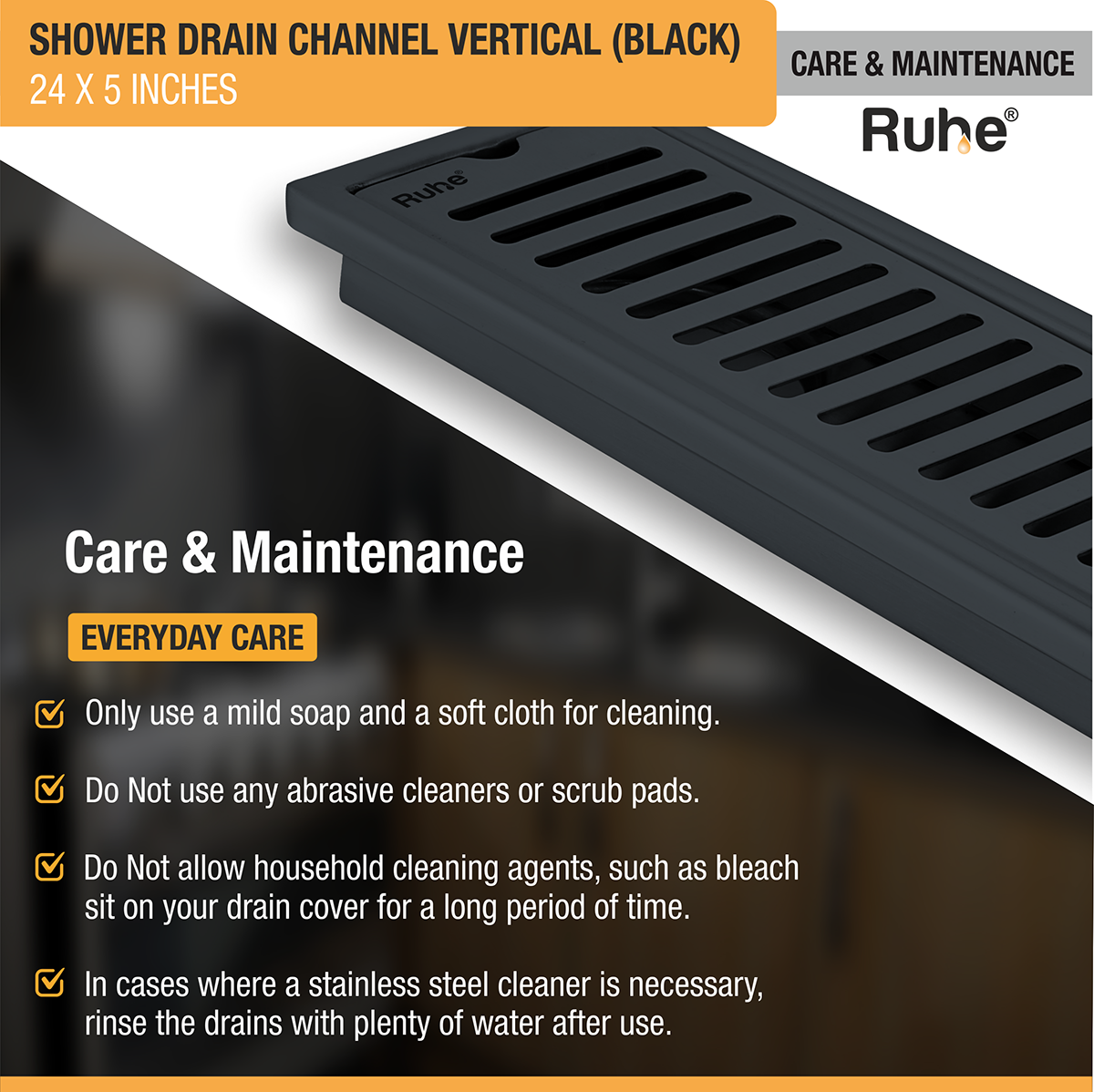 Vertical Shower Drain Channel (24 x 5 Inches) Black PVD Coated care and maintenance
