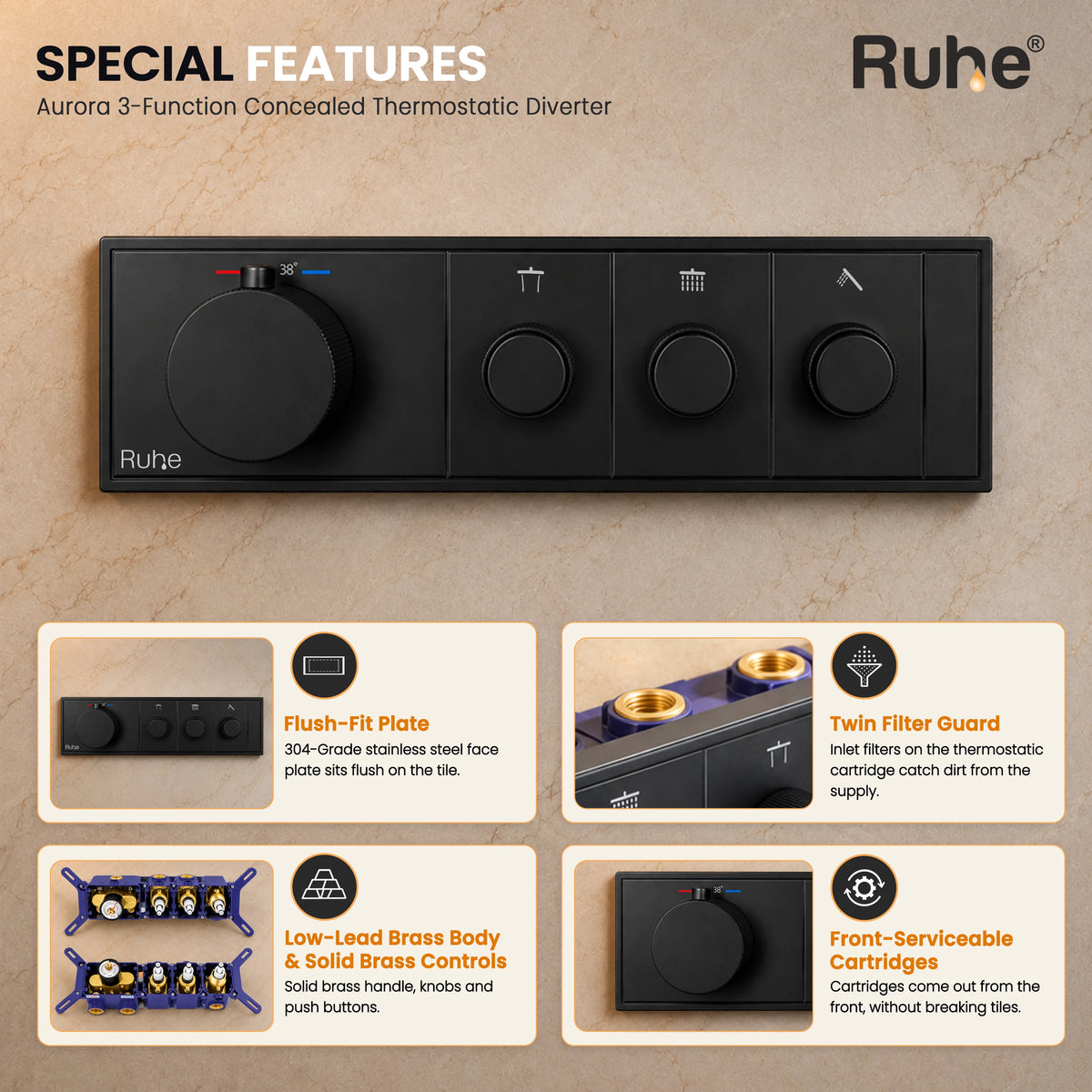 Aurora 3-Function Brass Concealed Thermostatic Diverter – Matt Black