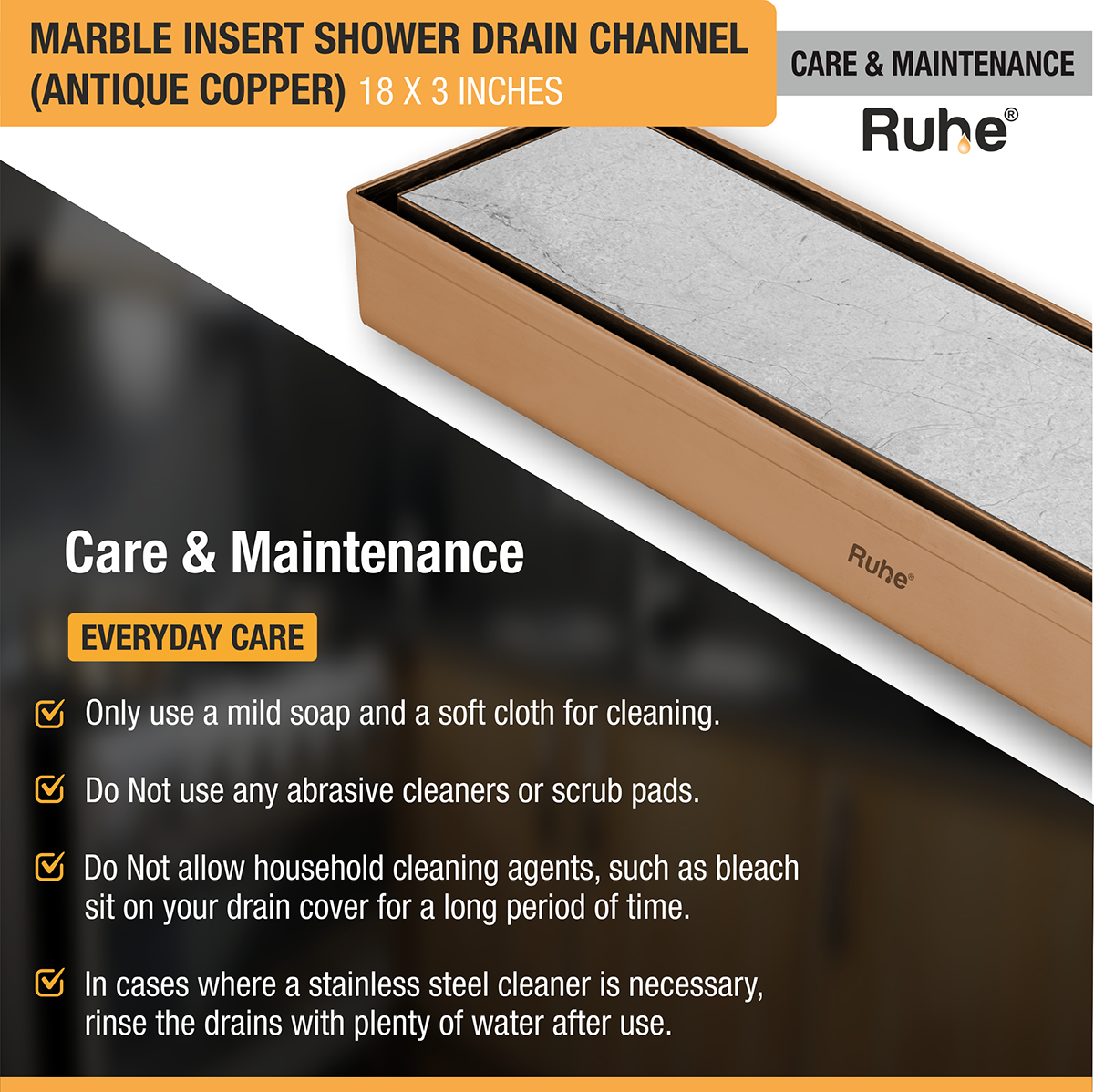 Marble Insert Shower Drain Channel (18 x 3 Inches) ROSE GOLD PVD Coated care and maintenance