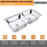 Square Double Bowl 304-Grade (45 x 20 x 9 Inches) Kitchen Sink - by Ruhe