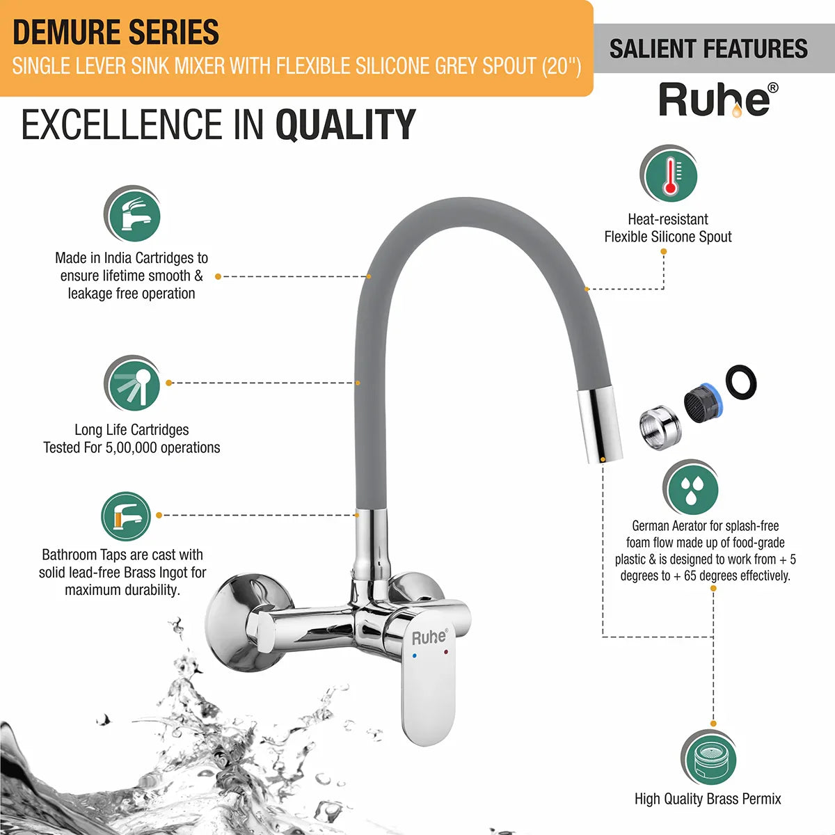 Demure Single Lever Wall-mount Kitchen Sink Mixer Tap with Coloured Silicone Spout