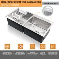 Handmade 304-Grade Double Bowl Kitchen Sink with Tap Hole (42 x 20 x 10 Inches) – Matt Steel