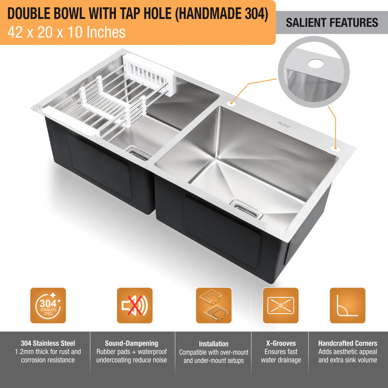 Handmade Double Bowl with Tap Hole Kitchen Sink (42 x 20 x 10 Inches)