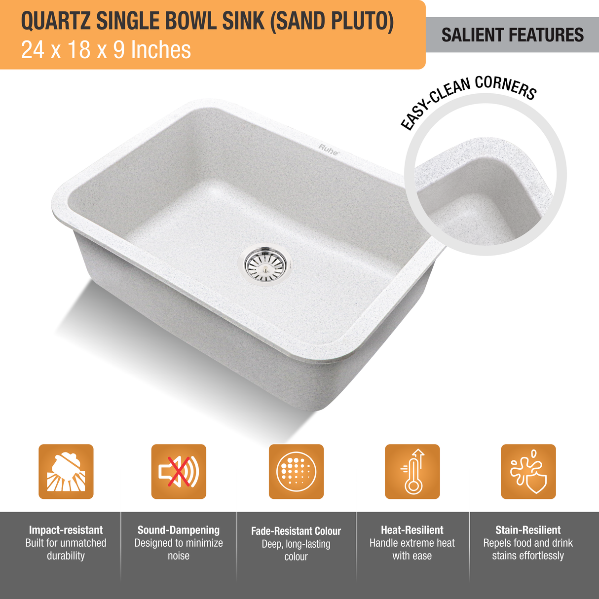 Sand Pluto Quartz Single Bowl Kitchen Sink  (24 x 18 x 9 inches) - by Ruhe