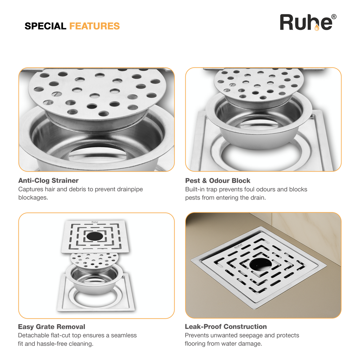 Sapphire Square Flat Cut Floor Drain