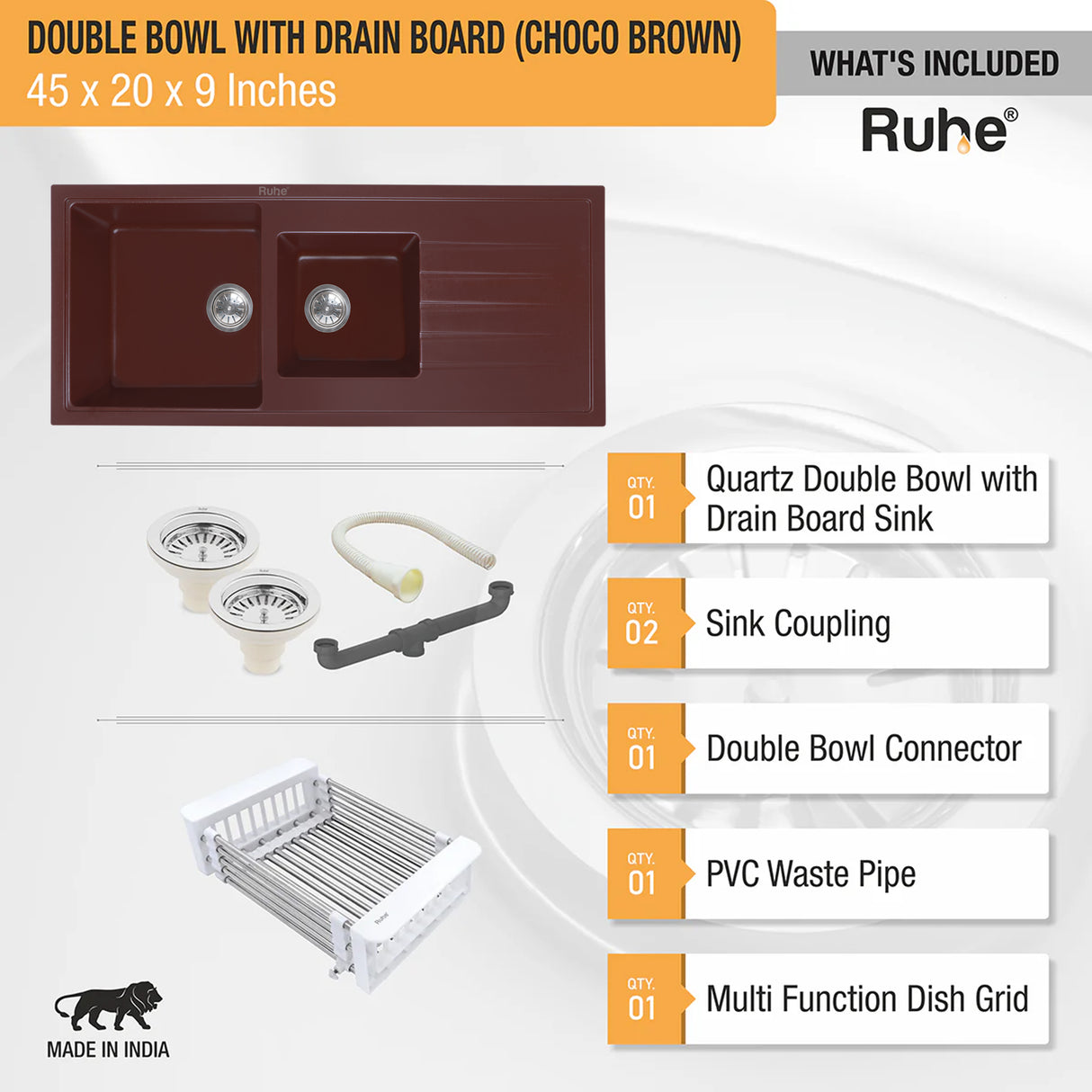 Quartz Double Bowl with Drainboard Kitchen Sink - Choco Brown (45 x 20 x 9 inches) - by Ruhe®