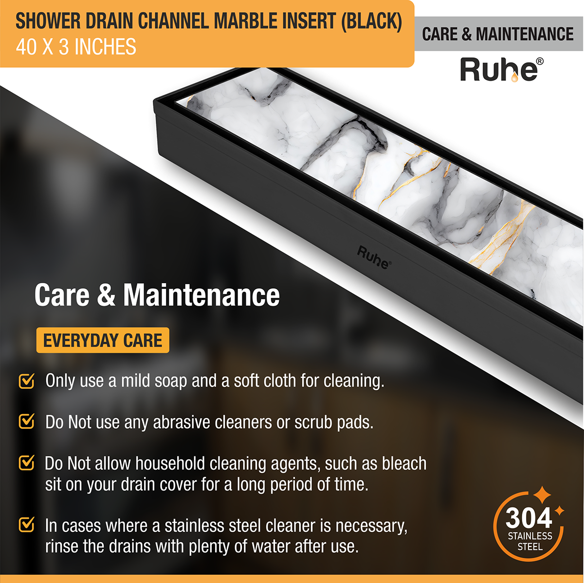 Marble Insert Shower Drain Channel (40 x 3 Inches) Black PVD Coated - by Ruhe®