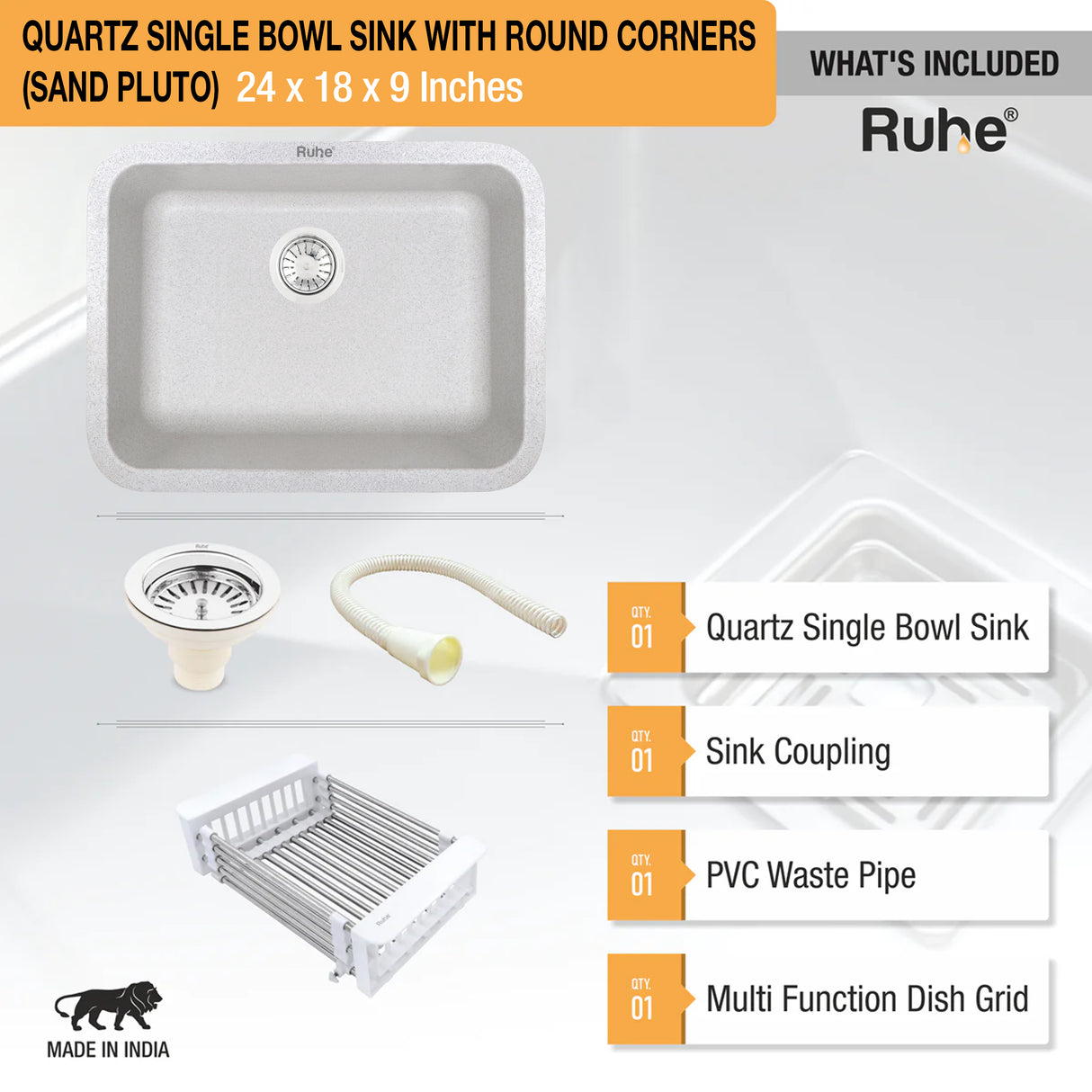 Quartz Single Bowl Kitchen Sink with Rounded Corners - Sand Pluto (24 x 18 x 9)  - by Ruhe®