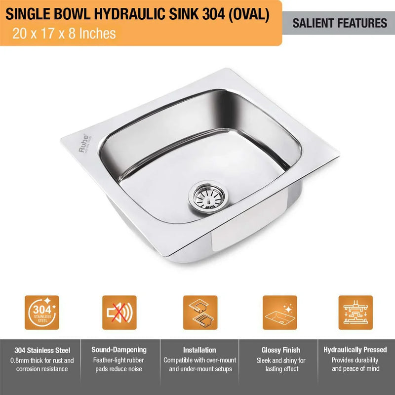 Oval Single Bowl Kitchen Sink 304-Grade (20 x 17 x 8 Inches)