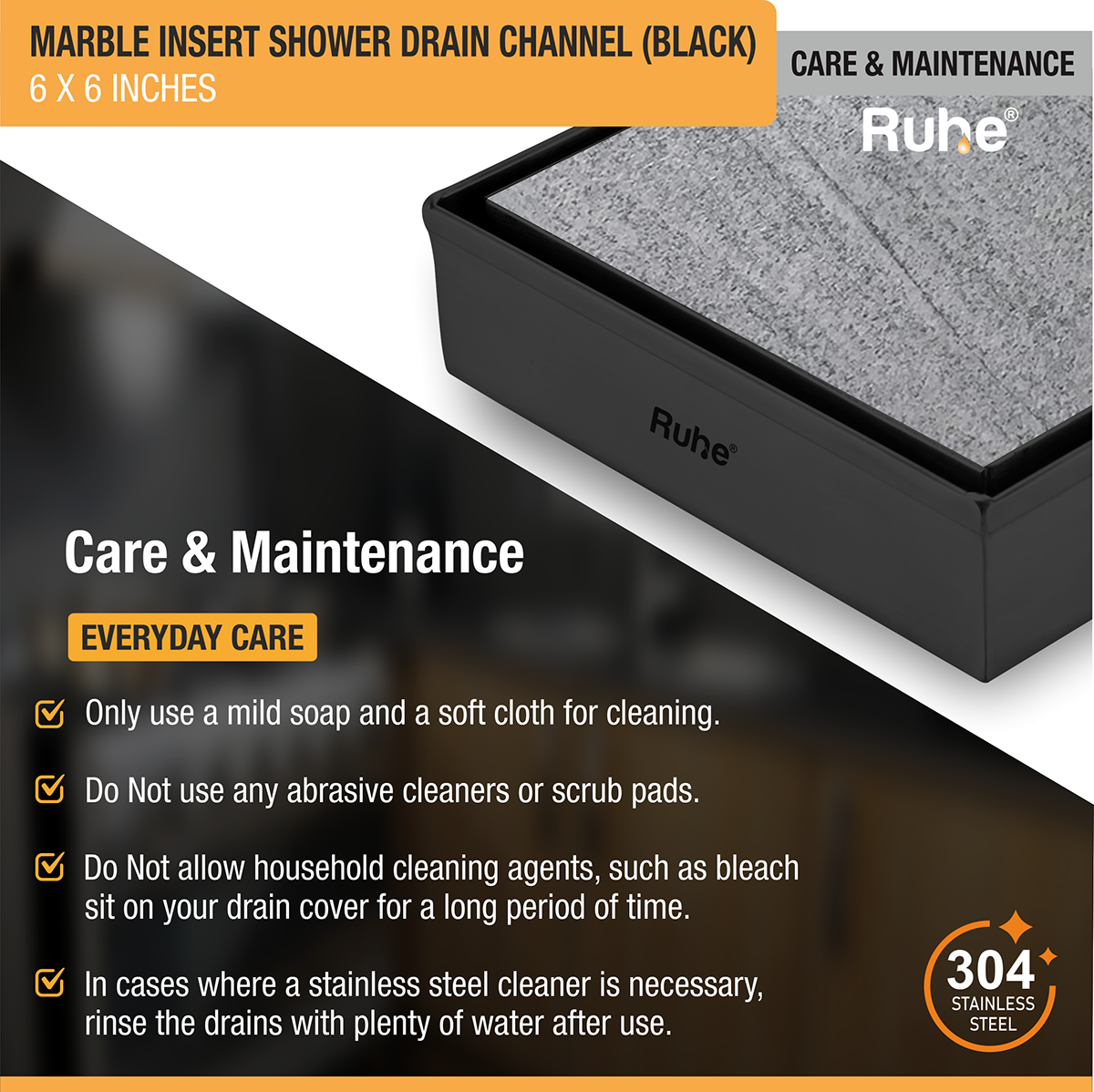 Marble Insert Shower Drain Channel (6 x 6 Inches) Black PVD Coated - by Ruhe®