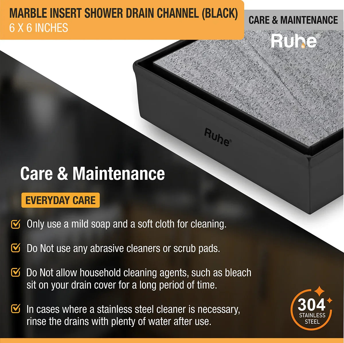 Marble-Insert Shower Drain Channel (6 x 6 Inches)