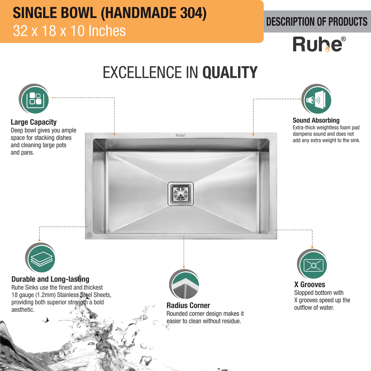 Handmade Single Bowl 304-Grade (32 x 18 x 10 Inches) Kitchen Sink - by Ruhe