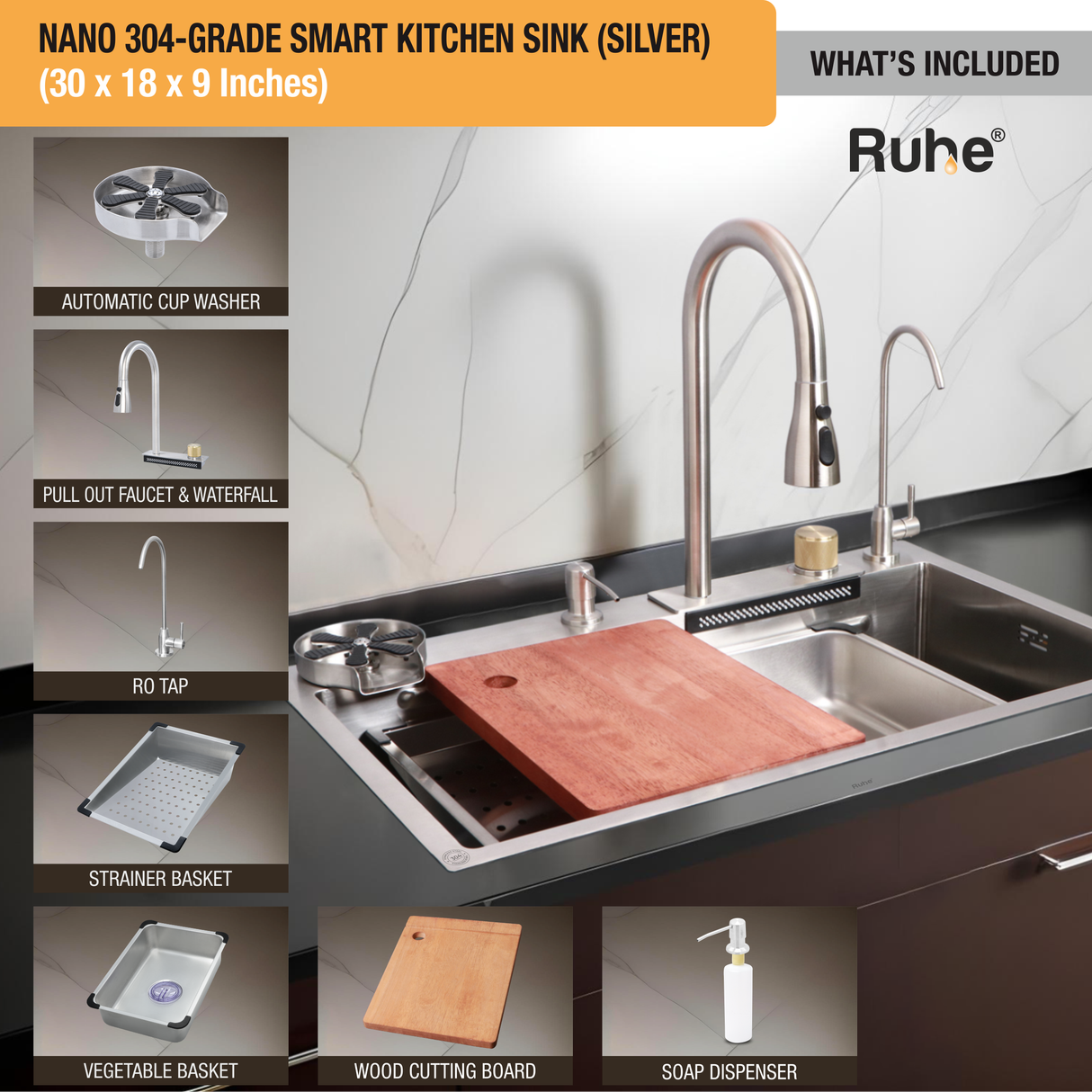 Nano Silver 304-Grade Kitchen Sink with Integrated Waterfall, Pull-Out & RO Faucet (30 x 18 x 9 Inches)  - by Ruhe