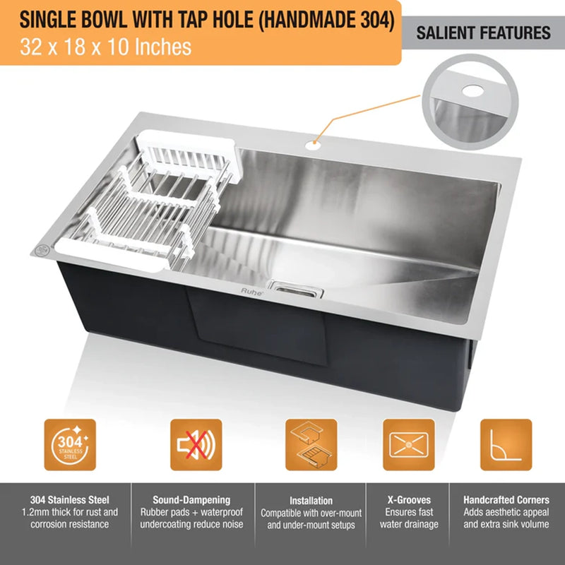 Handmade Single Bowl with Tap Hole Kitchen Sink (32 x 18 x 10 Inches)