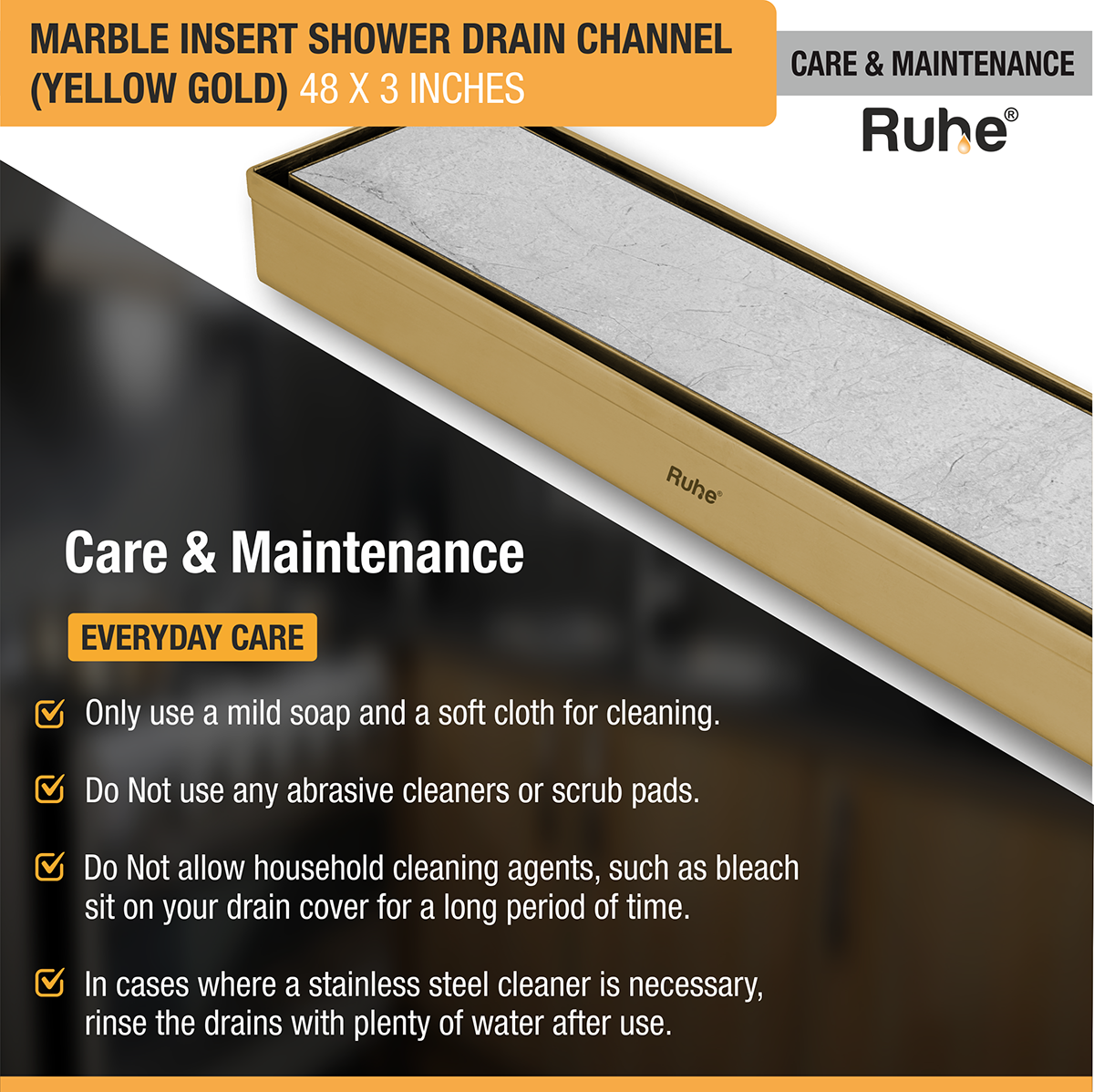 Marble Insert Shower Drain Channel (48 x 3 Inches) YELLOW GOLD PVD Coated - by Ruhe®