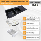 Quartz Double Bowl with Drainboard Kitchen Sink - Matte Black (45 x 20 x 9 inches) - by Ruhe