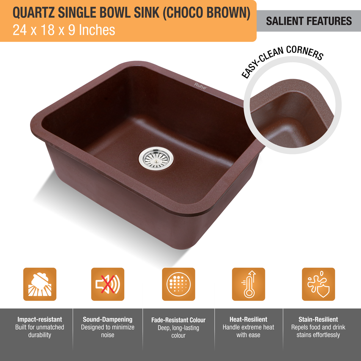 Choco Brown Quartz Single Bowl Kitchen Sink  (24 x 18 x 9 inches) - by Ruhe