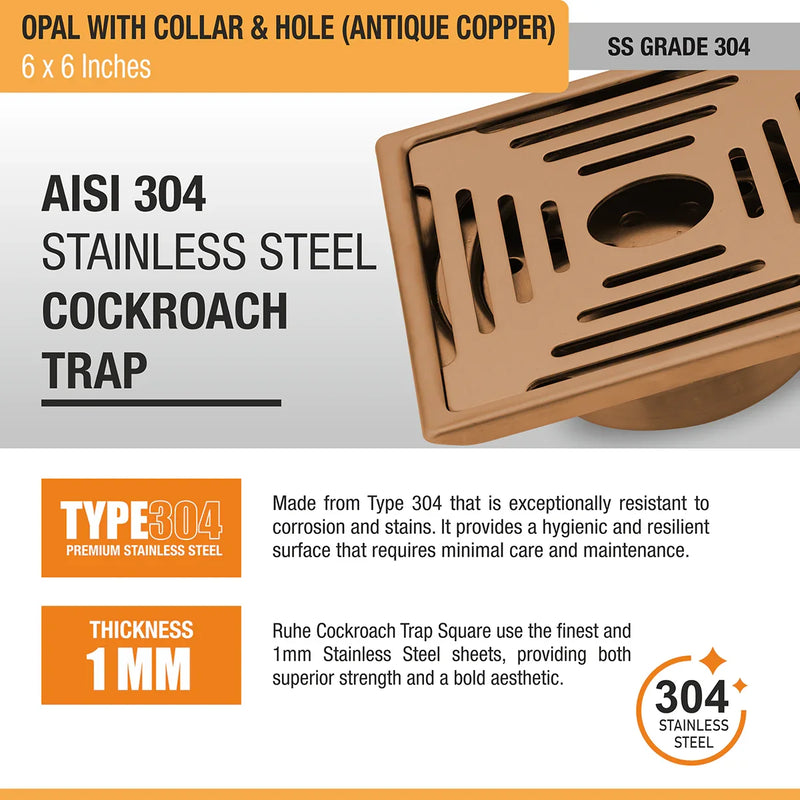 Opal Square Flat Cut Floor Drain in Antique Copper PVD Coating (6 x 6 Inches) with Hole - by Ruhe