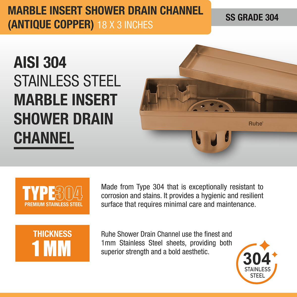 Marble Insert Shower Drain Channel (18 x 3 Inches) ROSE GOLD PVD Coated stainless steel