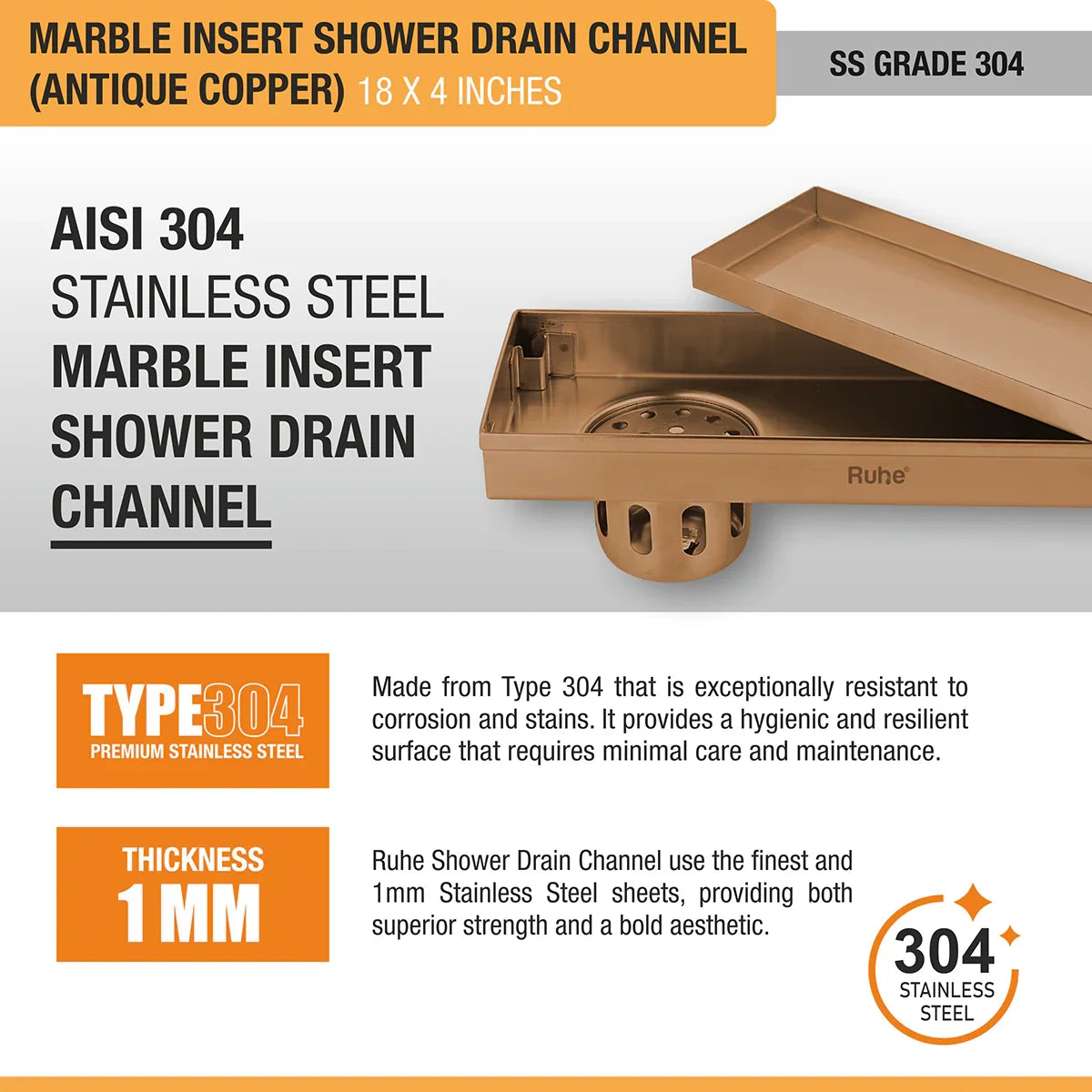 Marble-Insert Shower Drain Channel (4 Inches)