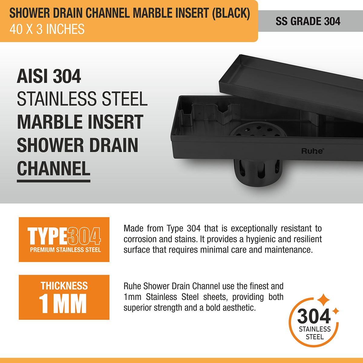 Marble Insert Shower Drain Channel (40 x 3 Inches) Black PVD Coated - by Ruhe®