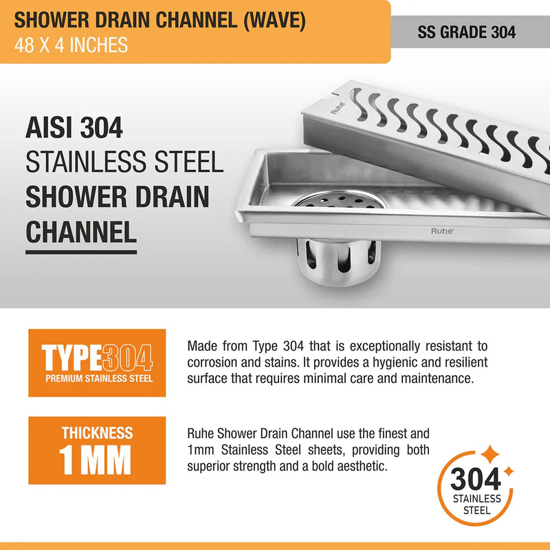 Wave Shower Drain Channel (4 Inches)