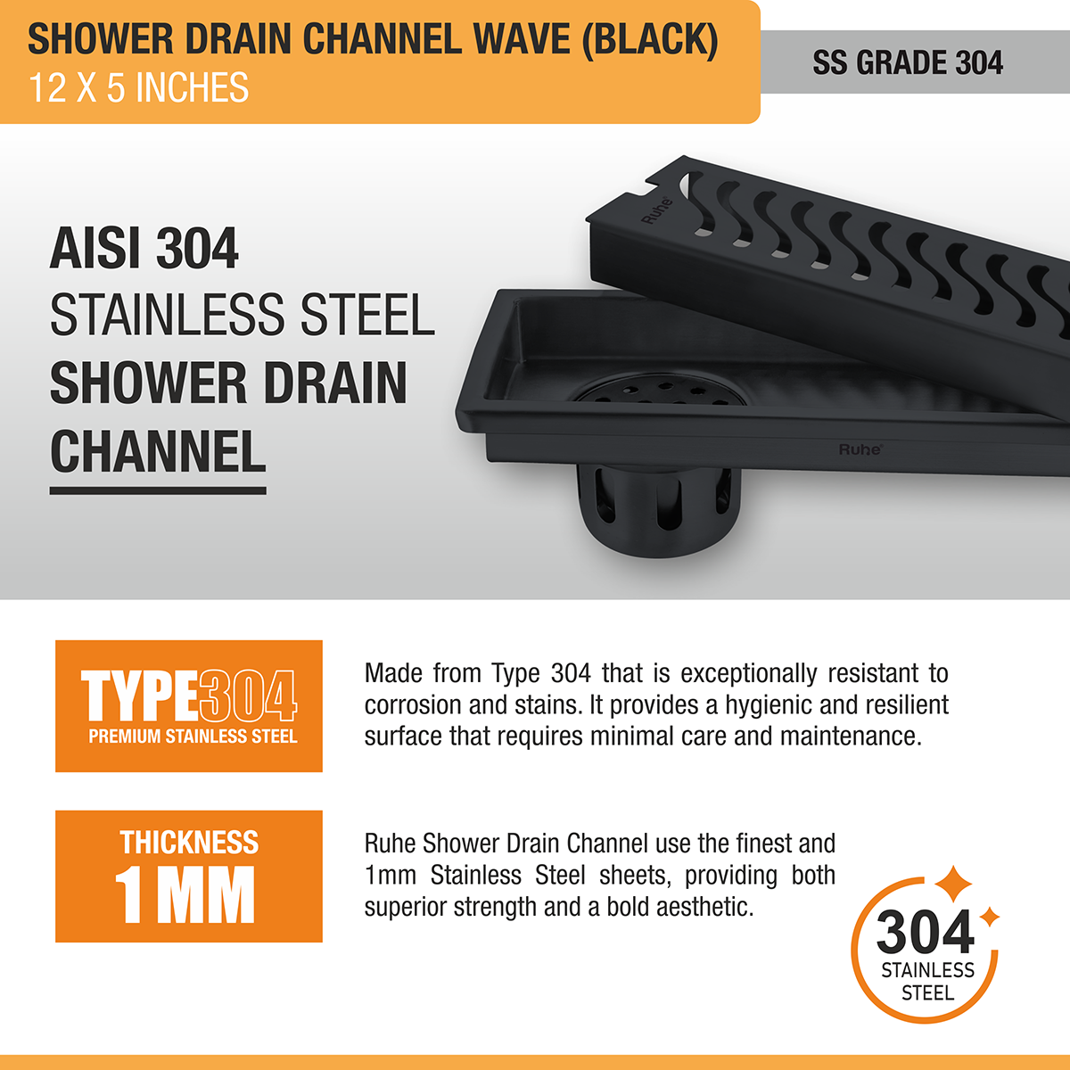 Wave Shower Drain Channel (12 x 5 Inches) Black PVD Coated - by Ruhe®