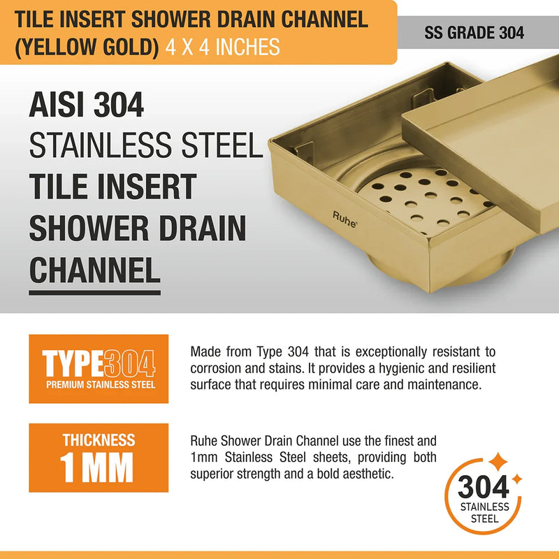 Tile Insert Shower Drain Channel (4 x 4 Inches) YELLOW GOLD PVD Coated - by Ruhe