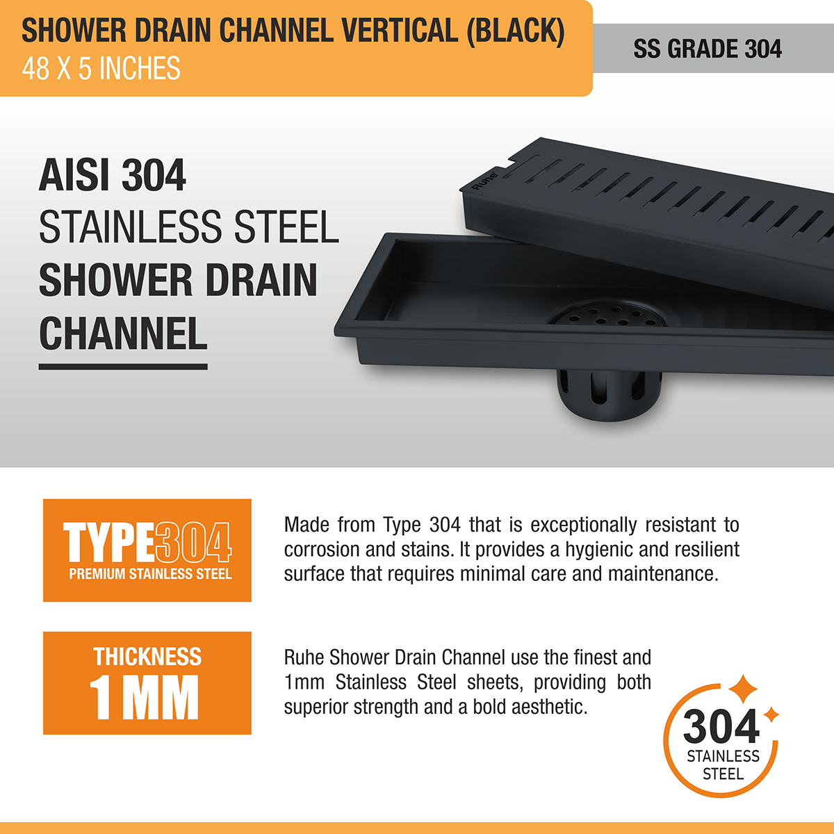 Vertical Shower Drain Channel (48 x 5 Inches) Black PVD Coated - by Ruhe®