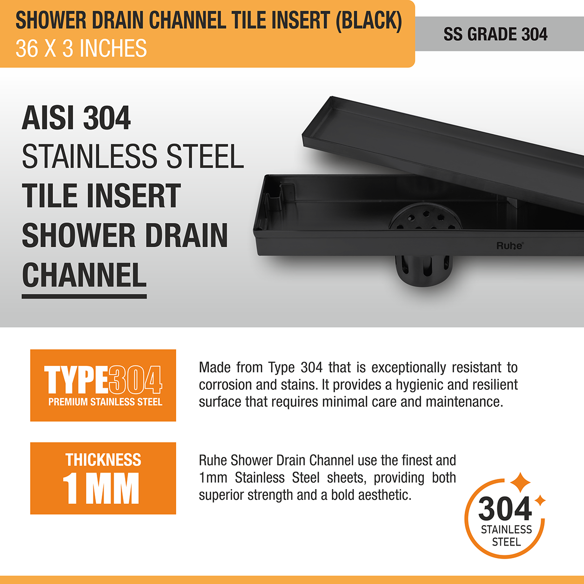 Tile Insert Shower Drain Channel (36 x 3 Inches) Black PVD Coated - by Ruhe®