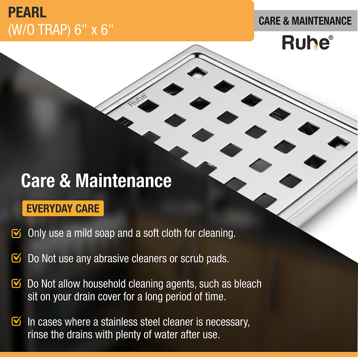 Pearl Square 304-Grade Floor Drain (6 x 6 Inches) - by Ruhe