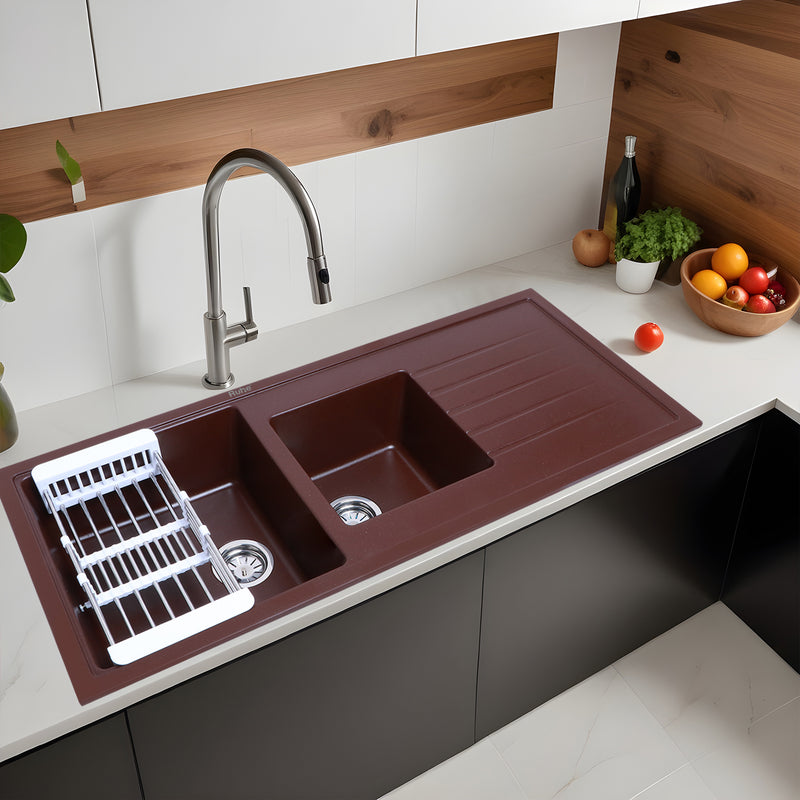 Quartz Double Bowl with Drainboard Kitchen Sink Choco Brown (45 x 20 x 9 inches)