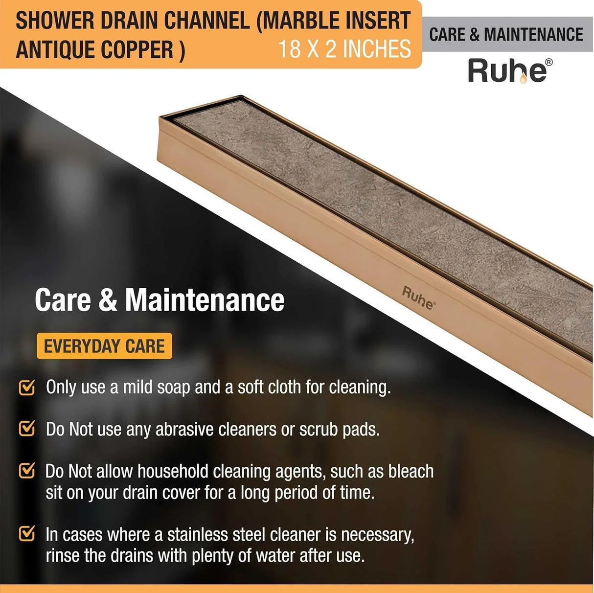 Marble-Insert Shower Drain Channel (2 Inches)