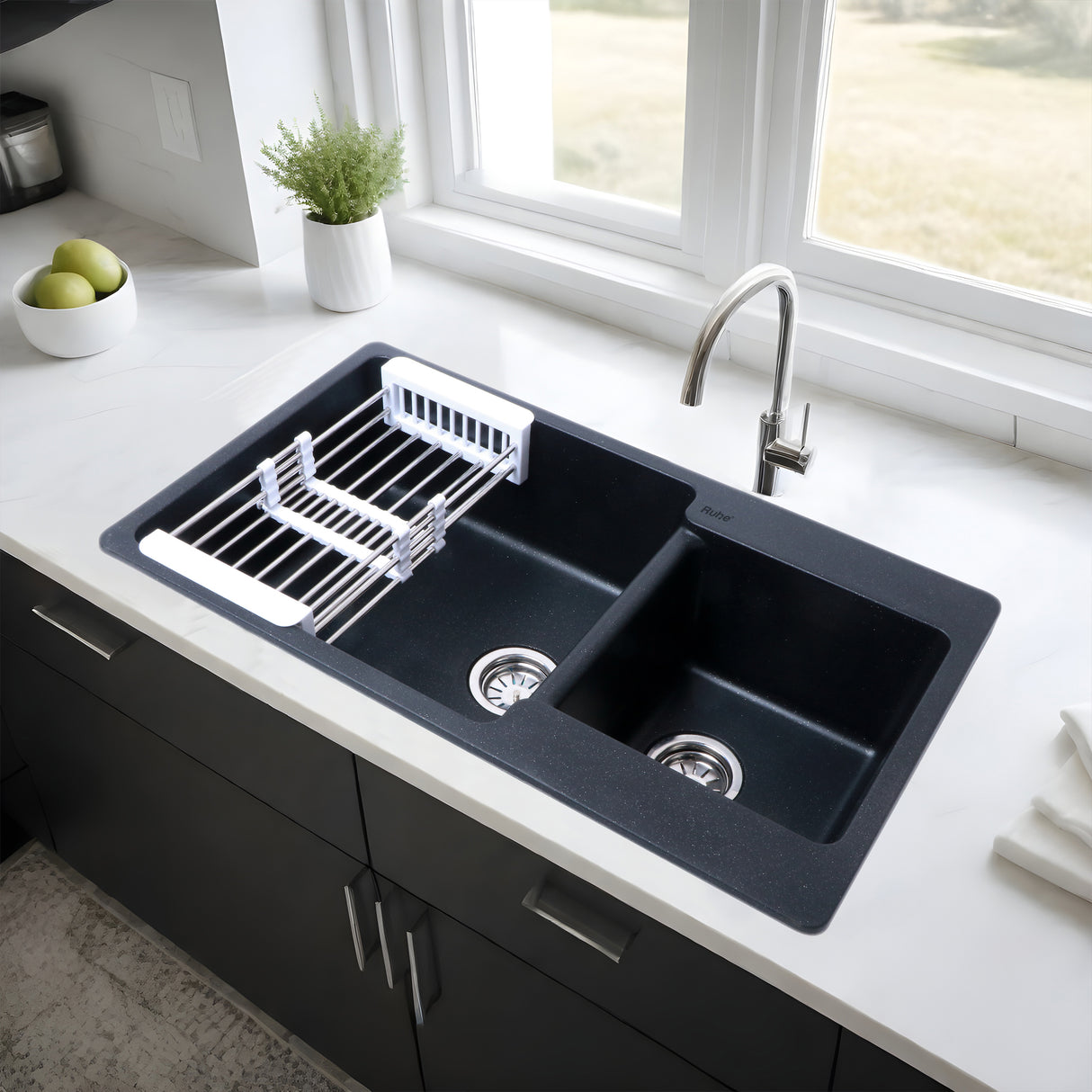 Quartz Double Bowl Kitchen Sink - Matte Black (34 x 20 x 9 inches) - by Ruhe