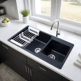 Quartz Double Bowl Kitchen Sink - Matte Black (34 x 20 x 9 inches) - by Ruhe®