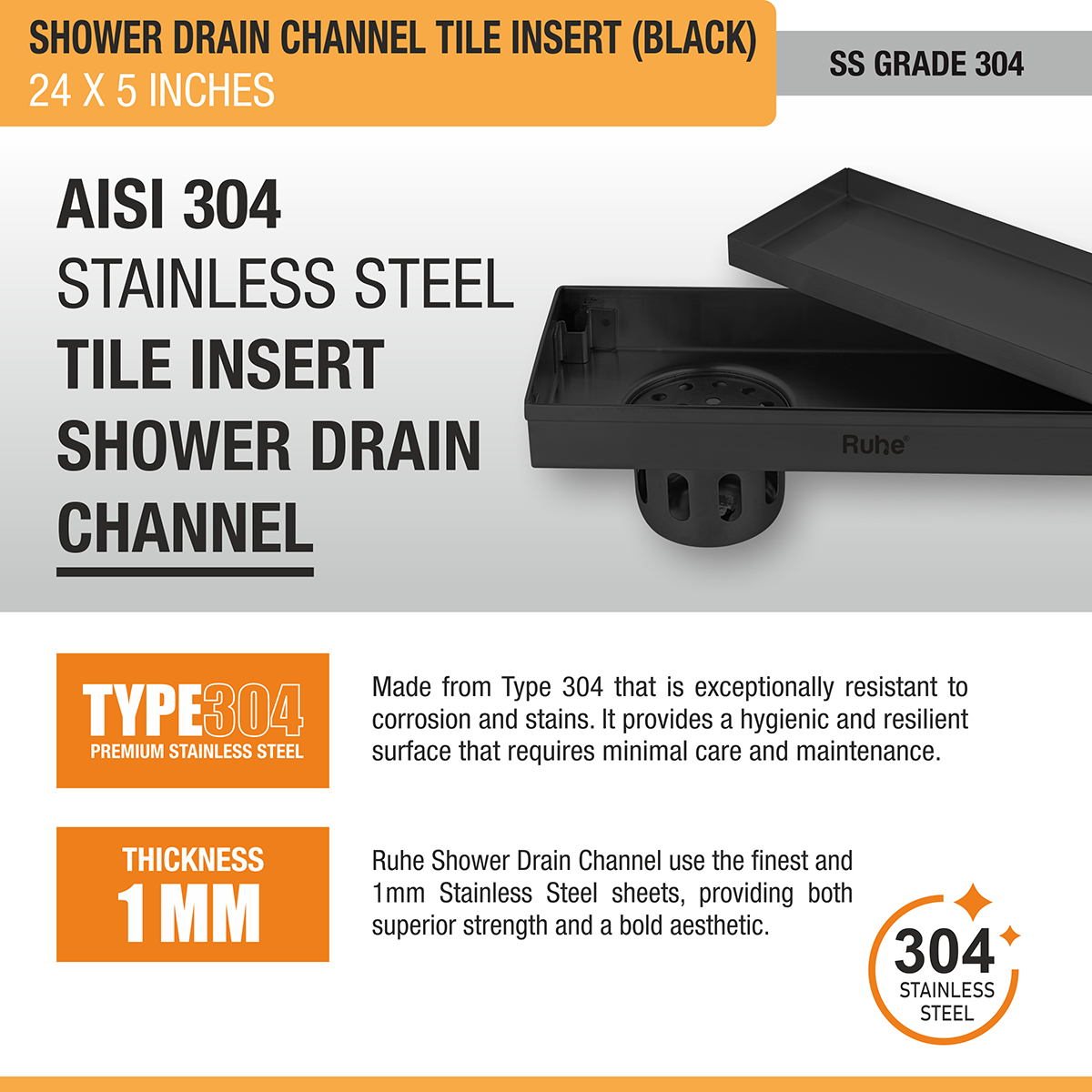 Tile Insert Shower Drain Channel (24 x 5 Inches) Black PVD Coated - by Ruhe®