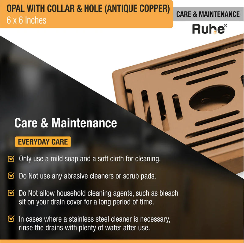 Opal Square Flat Cut Floor Drain in Antique Copper PVD Coating (6 x 6 Inches) with Hole - by Ruhe