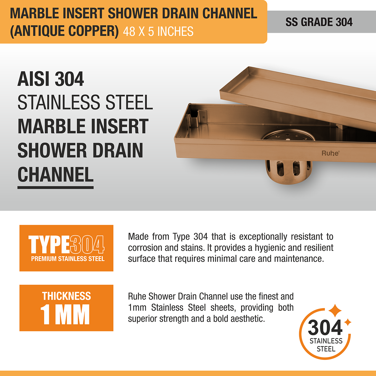 Marble Insert Shower Drain Channel (48 x 5 Inches) ROSE GOLD PVD Coated - by Ruhe®