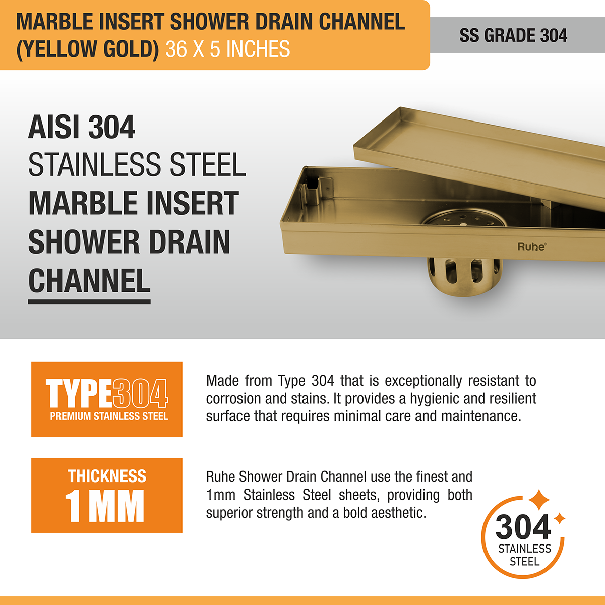 Marble Insert Shower Drain Channel (36 x 5 Inches) YELLOW GOLD PVD Coated stainless steel