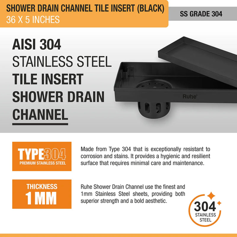 Tile Insert Shower Drain Channel (36 x 5 Inches) Black PVD Coated - by Ruhe