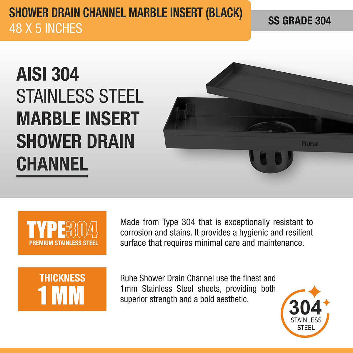 Marble Insert Shower Drain Channel (48 x 5 Inches) Black PVD Coated - by Ruhe®