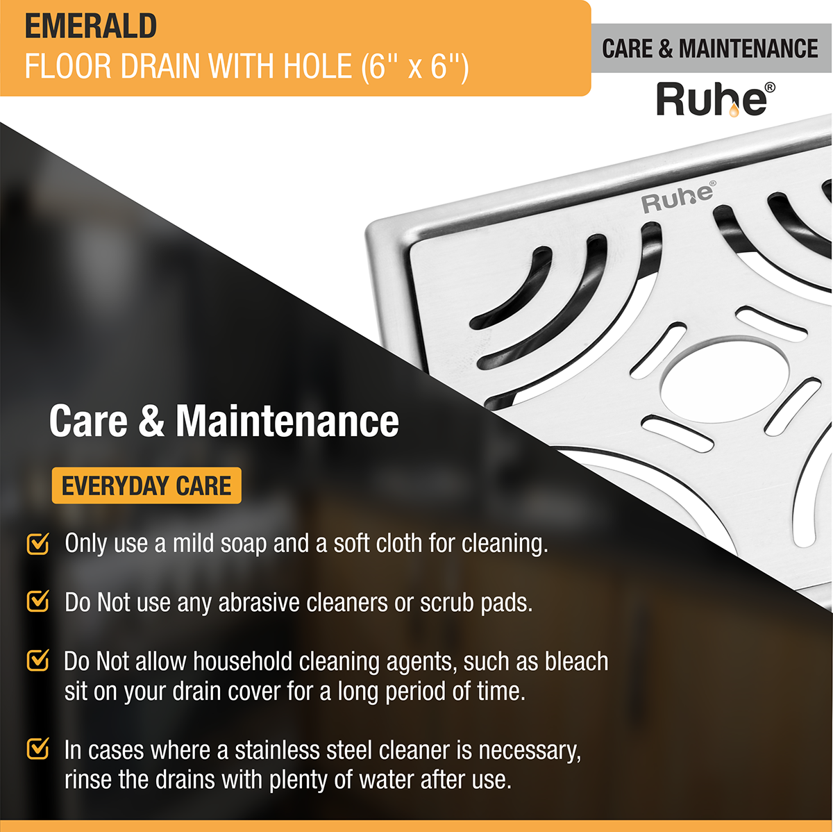 Emerald Square 304-Grade Floor Drain with Hole (6 x 6 Inches) - by Ruhe®