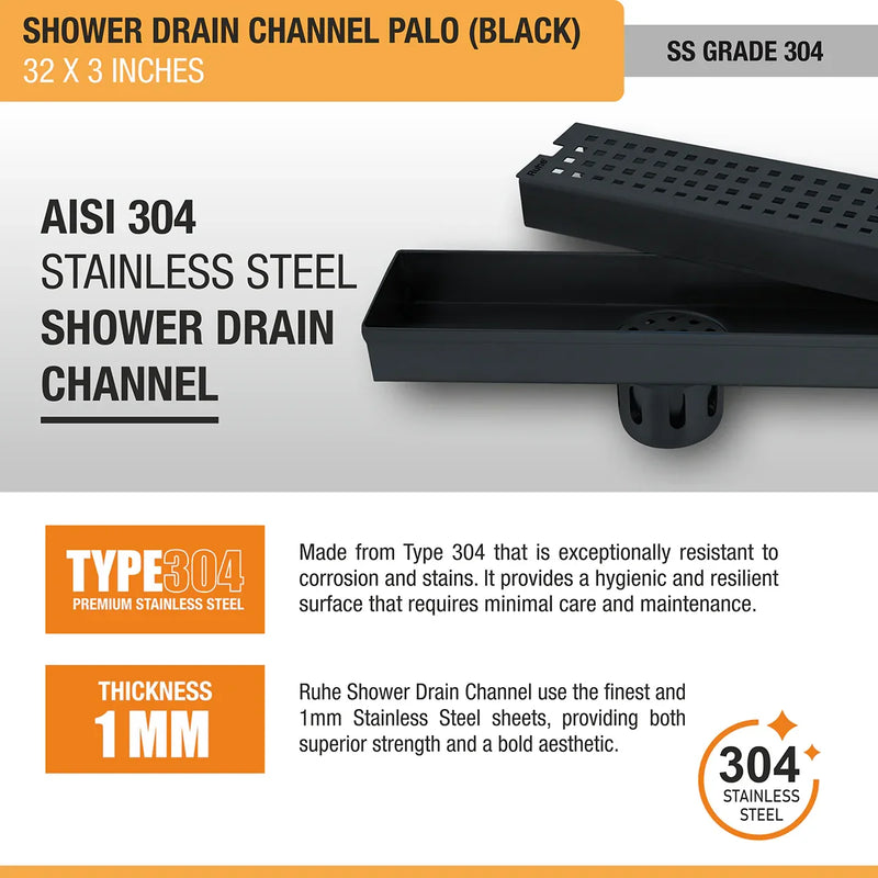 Palo Shower Drain Channel (32 x 3 Inches) Black PVD Coated - by Ruhe