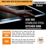 Handmade Single Bowl 304-Grade Kitchen Sink (18 x 16 x 10 Inches) with Tap Hole stainless steel