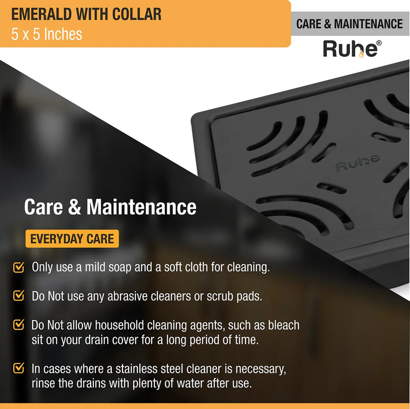 Emerald Square 304-Grade Floor Drain in Black PVD Coating (5 x 5 Inches) - by Ruhe